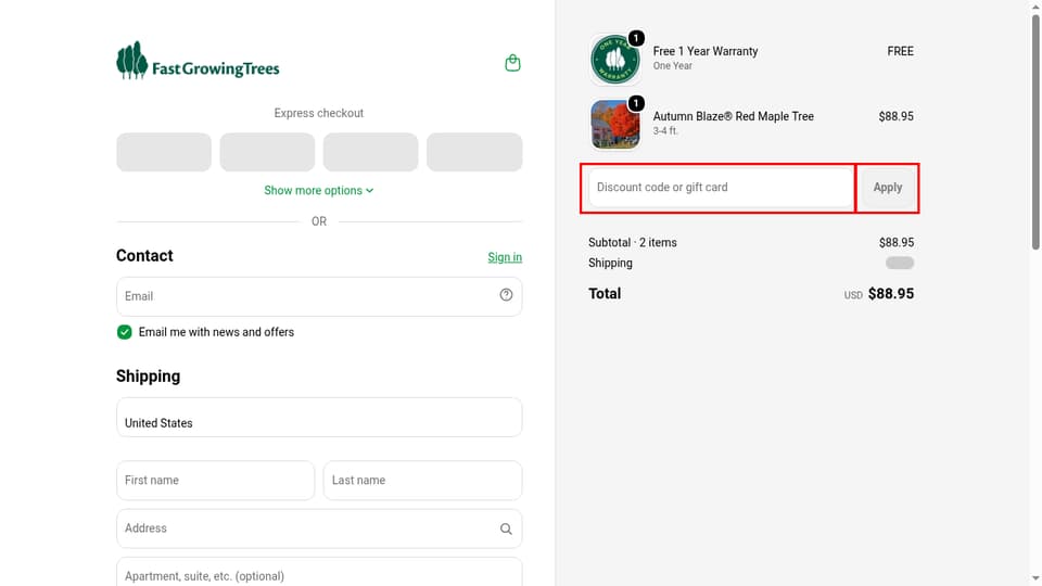Fast Growing Trees checkout page showing the Discount code or gift card field and Apply button