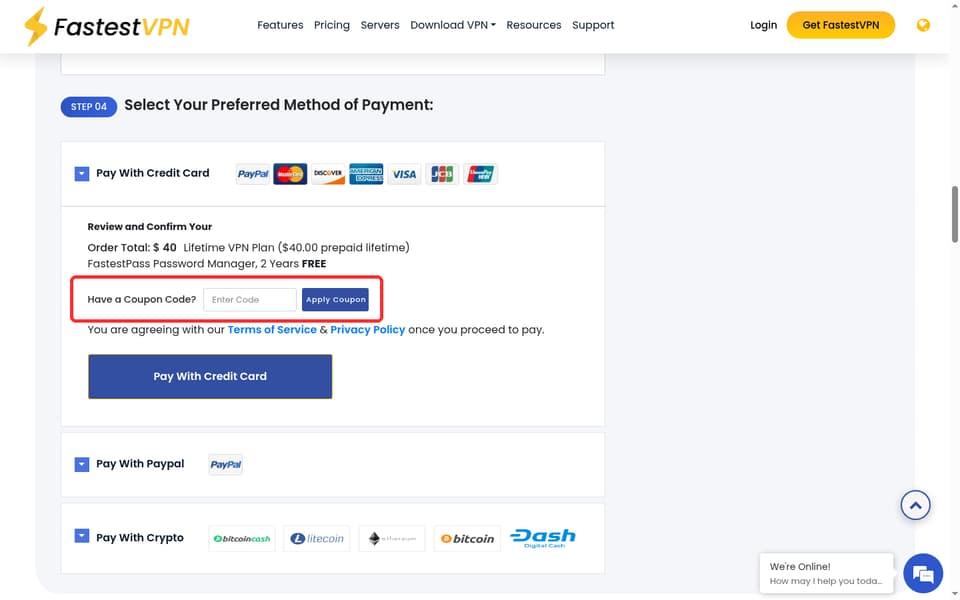 FastestVPN checkout page showing the enter code field and Apply coupon button