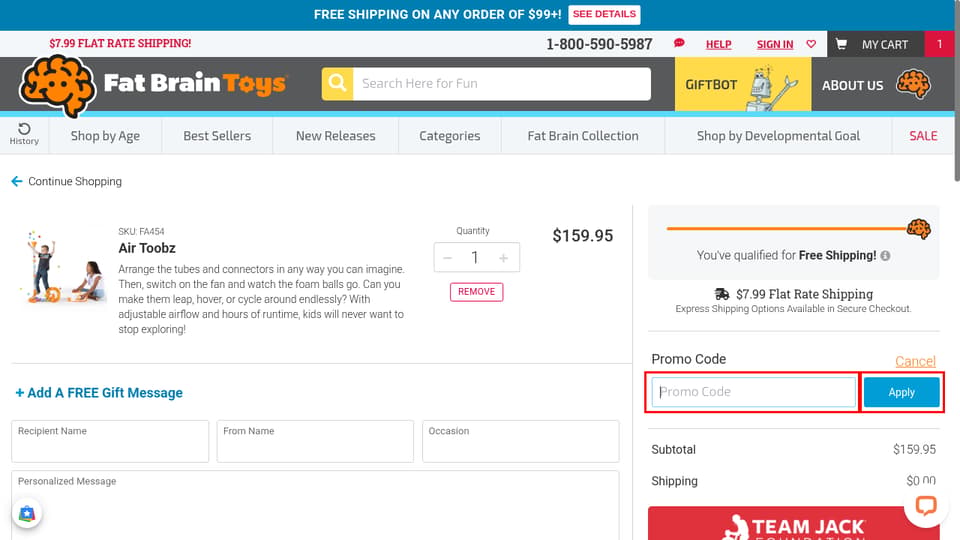 Fat Brain Toys checkout page showing the Promo Code field and Apply button