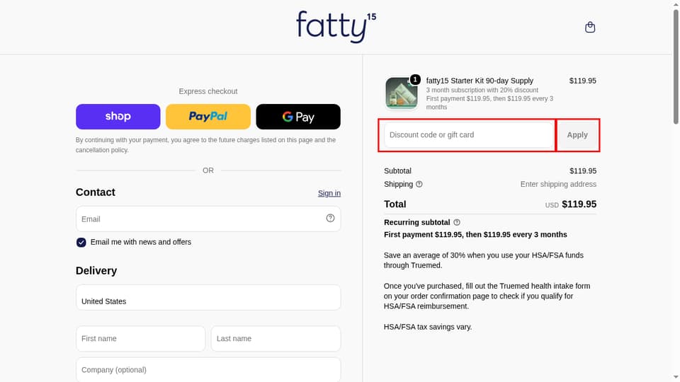 Fatty15 checkout page showing the Discount code or gift card field and Apply button