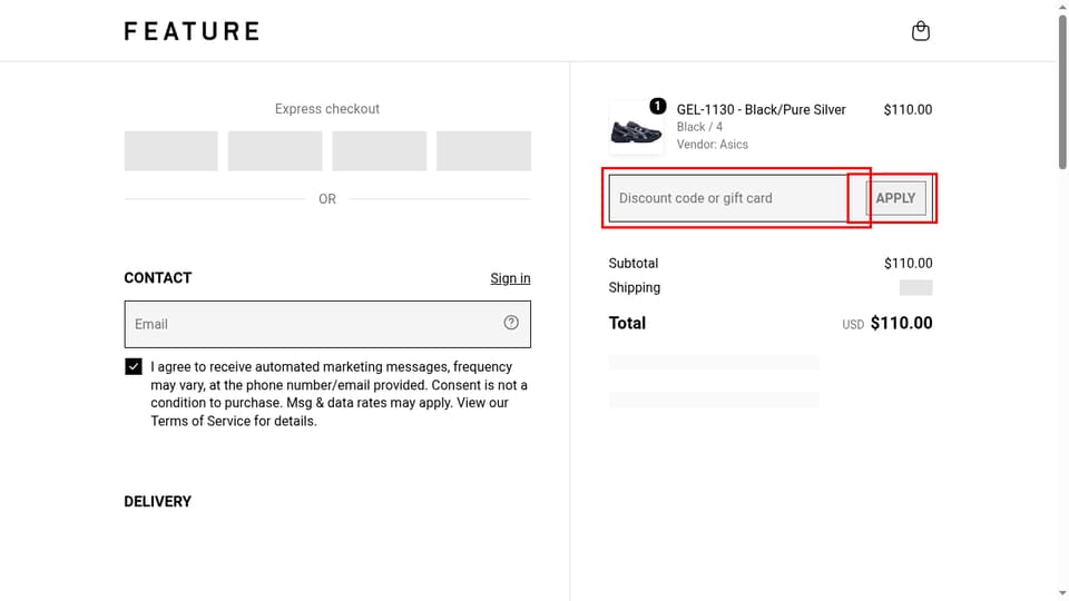 FEATURE checkout page showing the Discount code or gift card field and Apply button