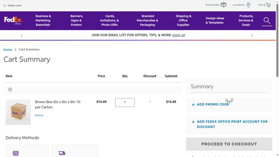 Fedex Office checkout page showing the Enter Promo Code field and Apply button