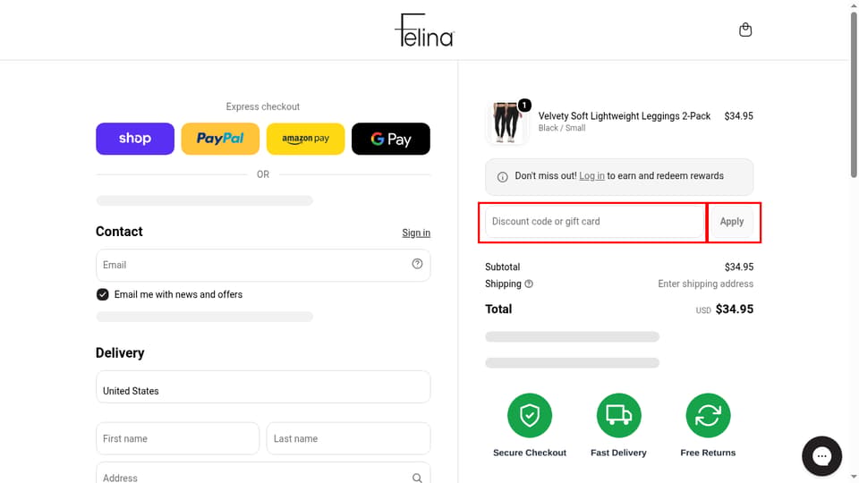 Felina checkout page showing the Discount code or gift card field and Apply button