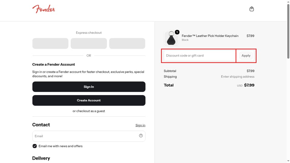 Fender checkout page showing the Discount code or gift card field and Apply button