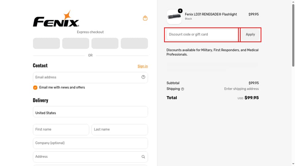 Fenix checkout page showing the Discount code or gift card field and Apply button