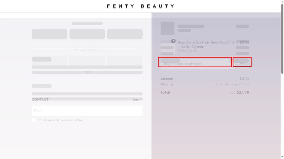 Fenty Beauty checkout page showing the Discount code or gift card field and Apply button