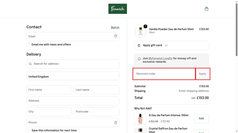 Fenwick checkout page showing the Discount code field and Apply button