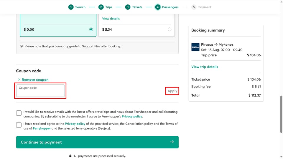 Ferryhopper checkout page showing the Coupon code field and Apply button