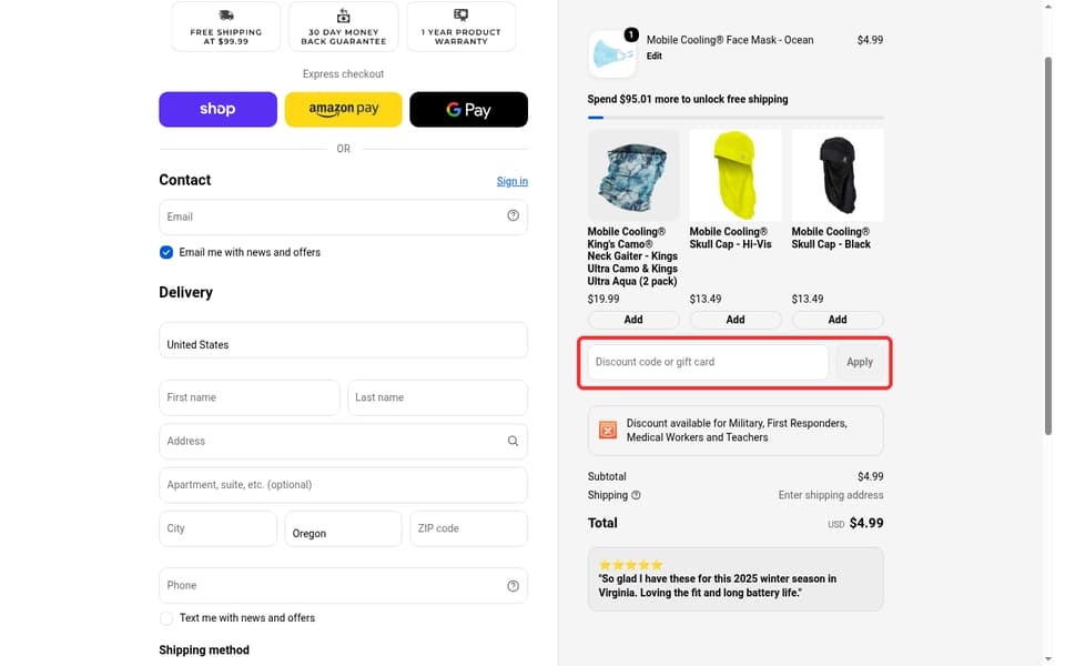 Fieldsheer checkout page showing the Discount code or gift card field and Apply button