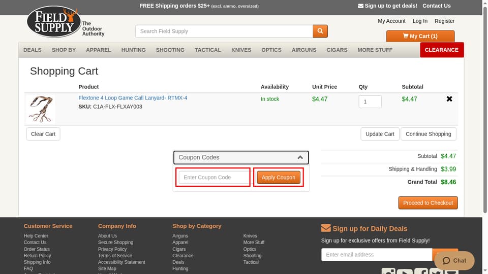 Field Supply checkout page showing the Enter Coupon Code field and Apply Coupon button