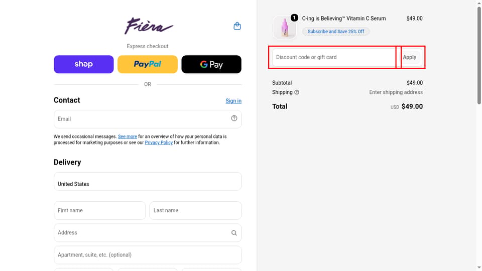 Fièra Cosmetics checkout page showing the Discount code or gift card field and Apply button