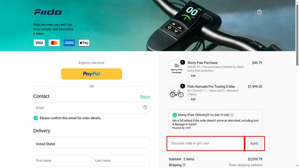 Fiido checkout page showing the Discount code or gift card field and Apply button