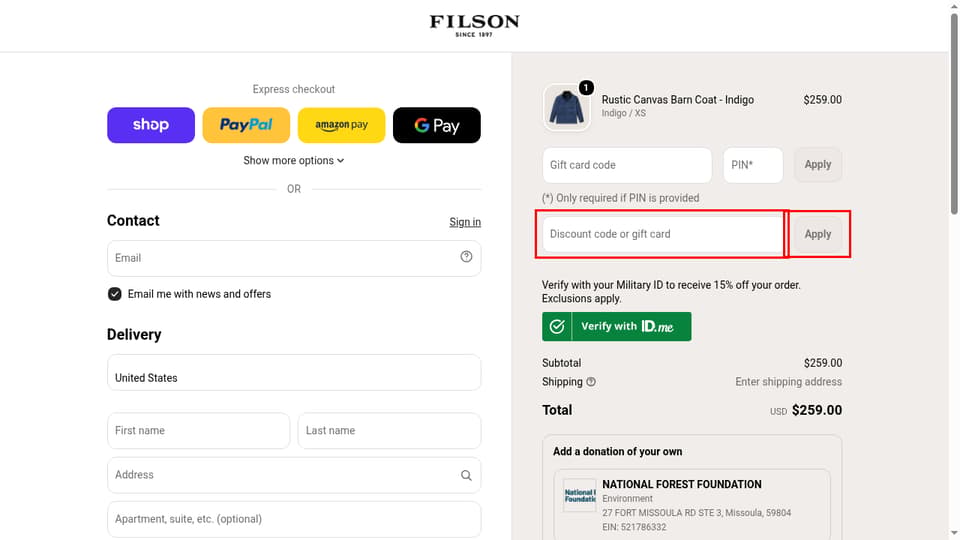 Filson checkout page showing the Discount code or gift card field and Apply button