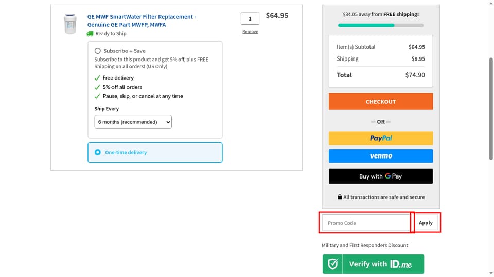 Filters Fast checkout page showing the Promo Code field and Apply button