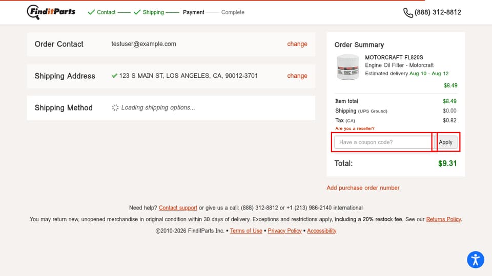 FinditParts checkout page showing the Have a coupon code? field and Apply button