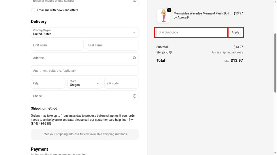Fin Fun Mermaid checkout page showing the Discount code field and Apply button