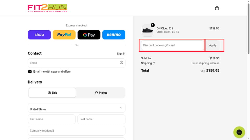 Fit2Run checkout page showing the Discount code or gift card field and Apply button