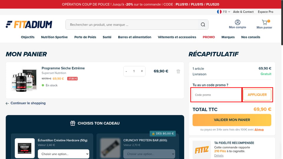 Fitadium checkout page showing the Code promo field and Appliquer button