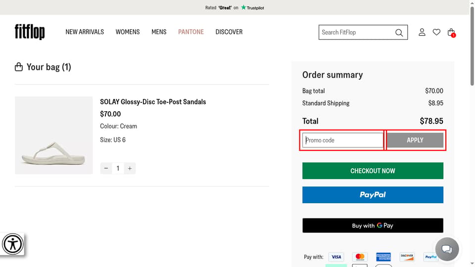 FitFlop checkout page showing the Promo code field and APPLY button