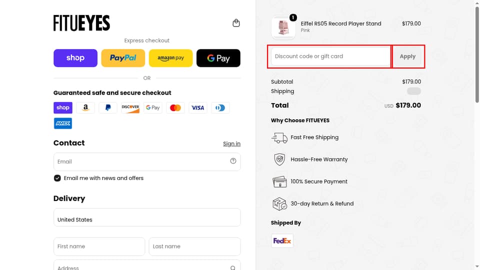 FITUEYES checkout page showing the Discount code or gift card field and Apply button