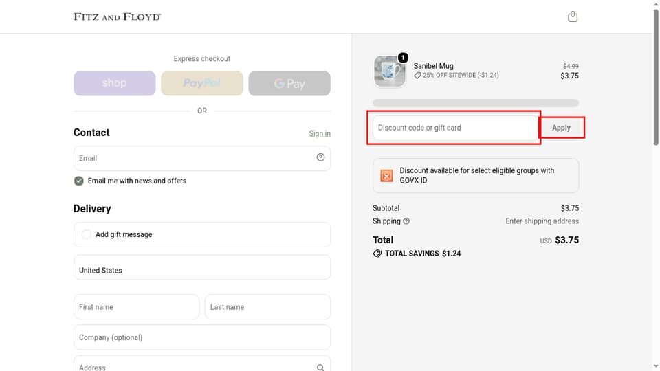 Fitz & Floyd checkout page showing the Discount code or gift card field and Apply button