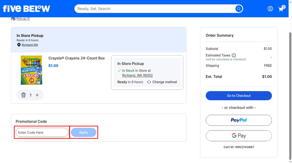 Five Below checkout page showing the Enter Code Here field and Apply button