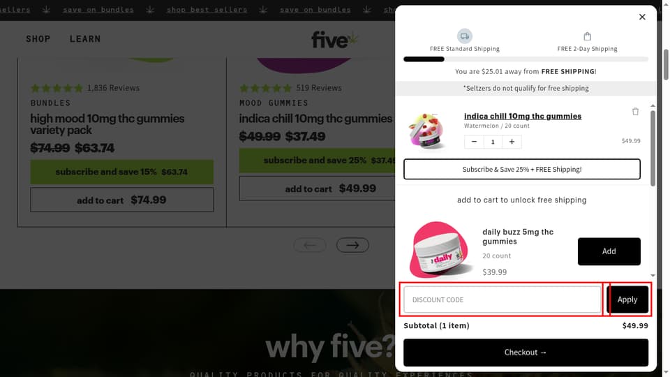 Five CBD checkout page showing the Discount Code field and Apply button