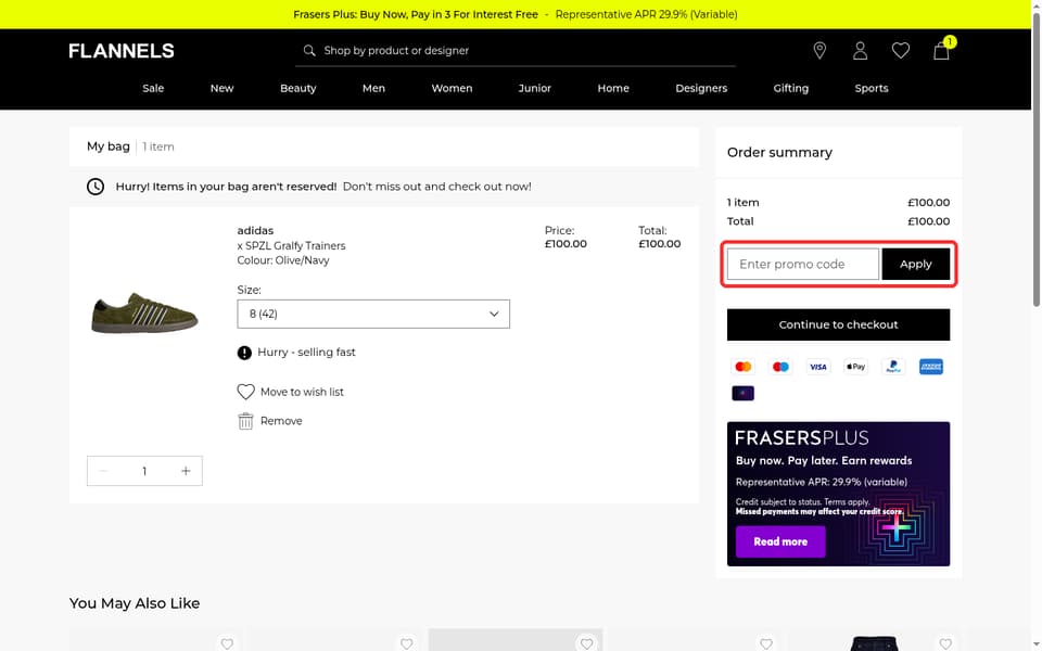 FLANNELS checkout page showing the Enter promo code field and Apply button