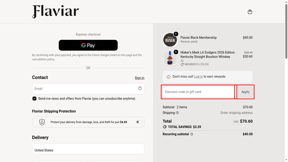 Flaviar checkout page showing the Discount code or gift card field and Apply button