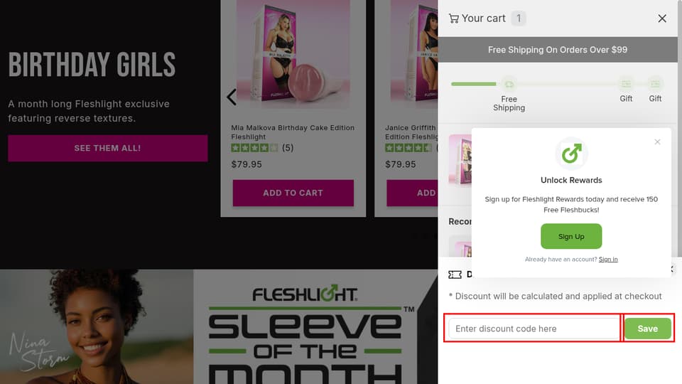 Fleshlight checkout page showing the Enter discount code here field and Save button
