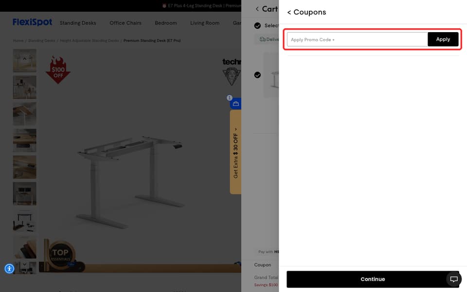 FlexiSpot checkout page showing the Apply Promo Code + field and Apply button