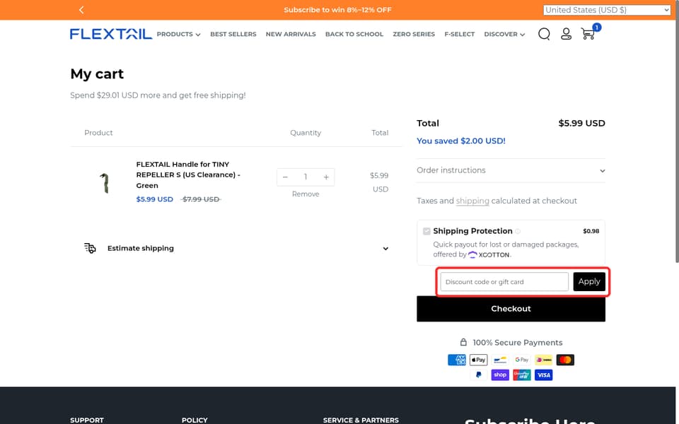 FLEXTAIL checkout page showing the Discount code or gift card field and Apply button