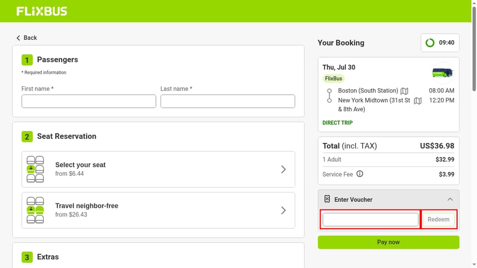 FlixBus checkout page showing the Enter Voucher field and Redeem button
