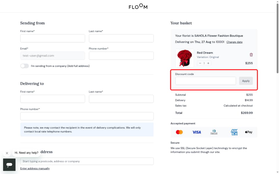 Floom checkout page showing the Discount code field and Apply button