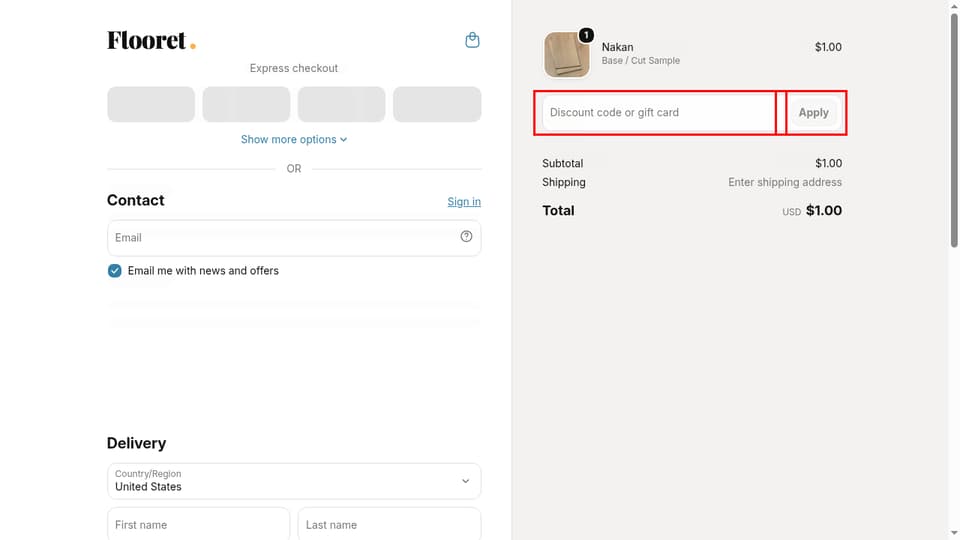 Flooret checkout page showing the Discount code or gift card field and Apply button