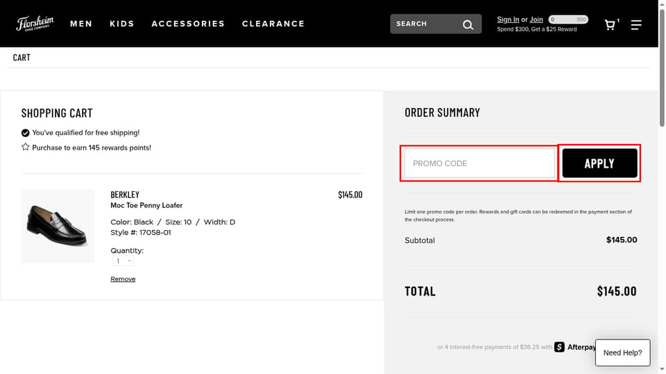 Florsheim checkout page showing the PROMO CODE field and APPLY button