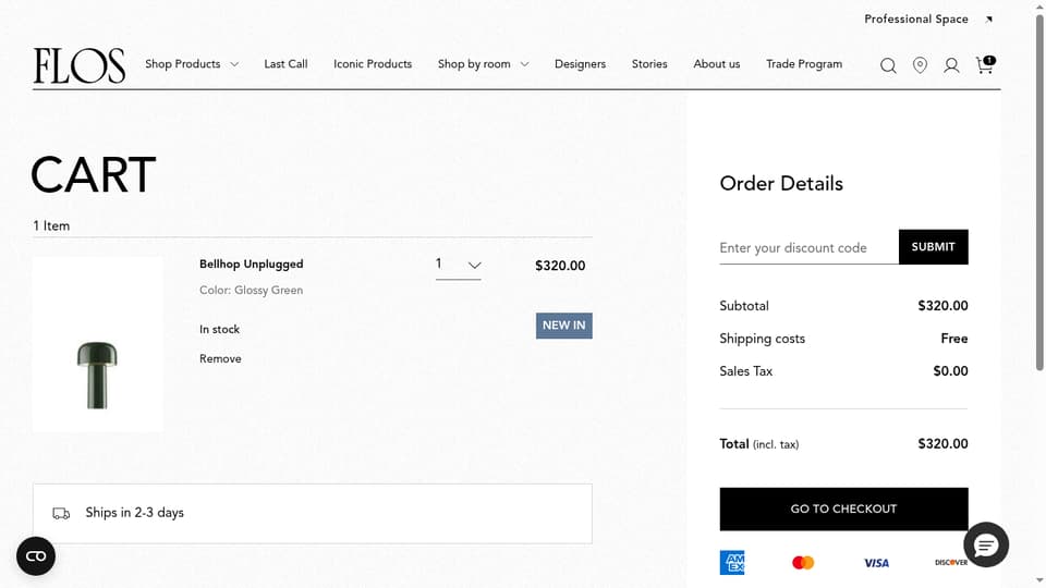 FLOS checkout page showing the Enter your discount code field and Submit button