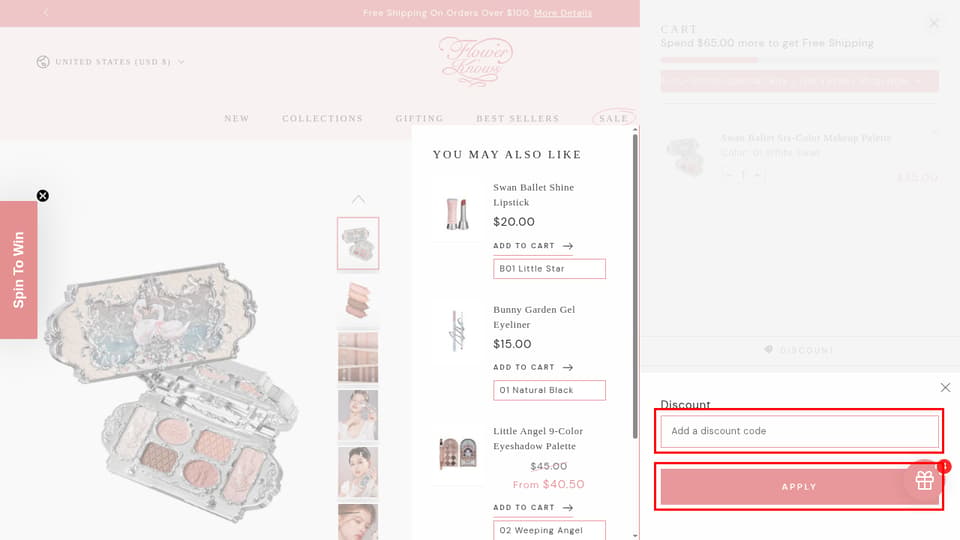 Flower Knows checkout page showing the Add a discount code field and Apply button