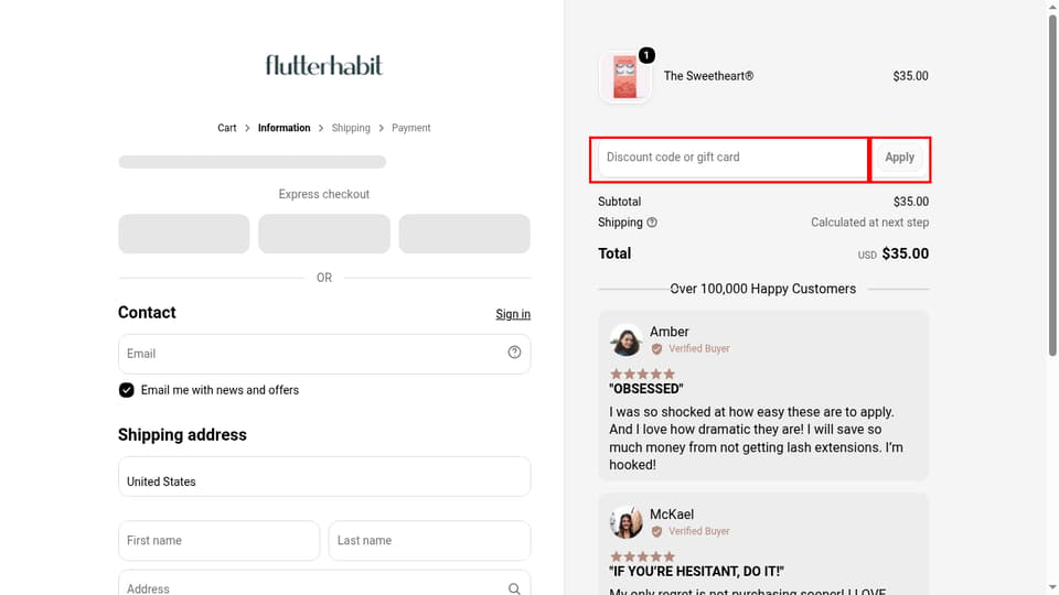 FlutterHabit checkout page showing the Discount code or gift card field and Apply button