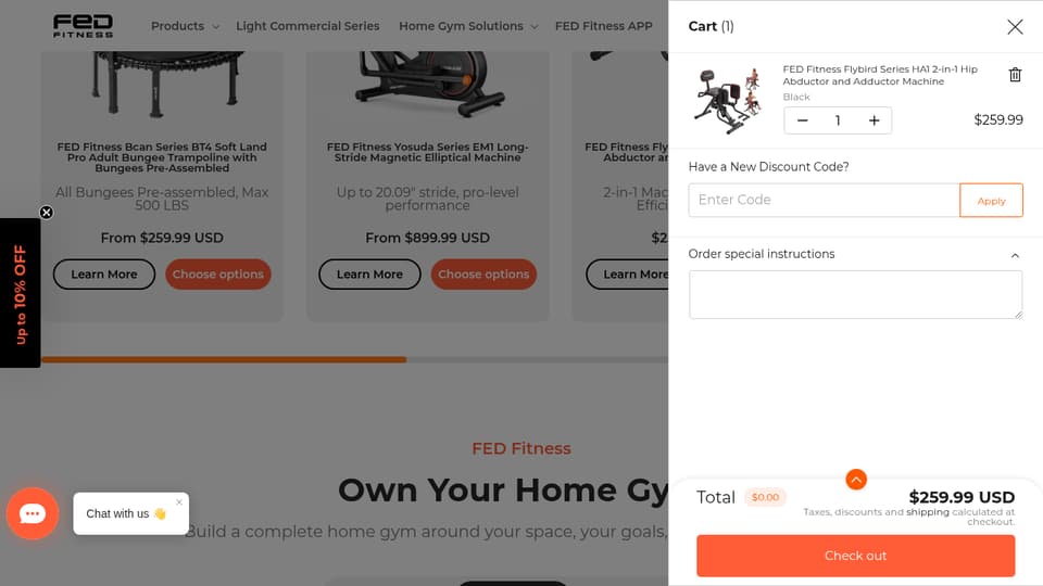 Flybird Fitness checkout page showing the Enter Code field and Apply button