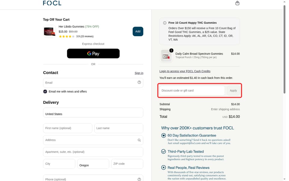 FOCL checkout page showing the Discount code or gift card field and Apply button