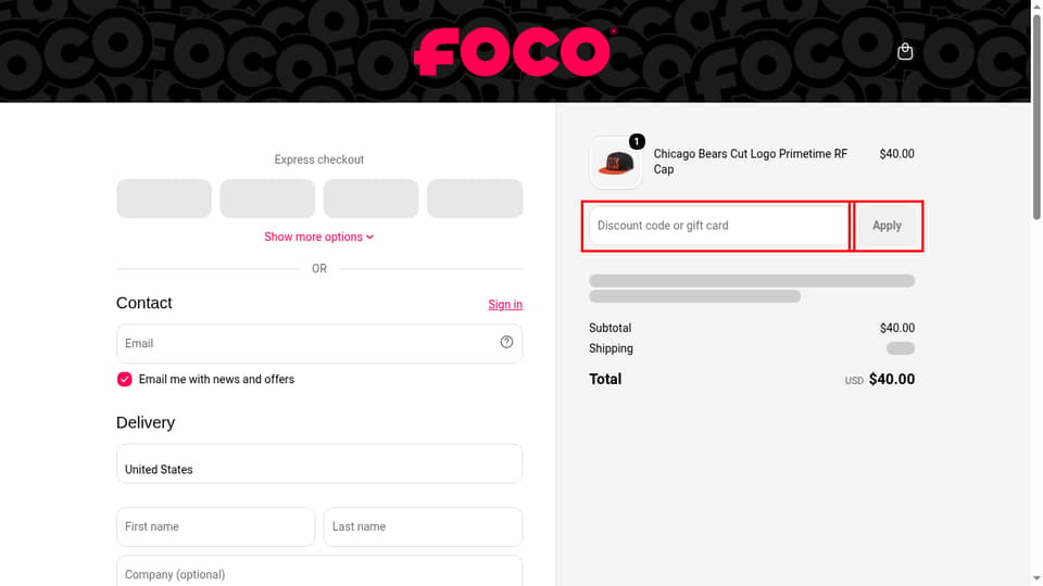FOCO checkout page showing the Discount code or gift card field and Apply button