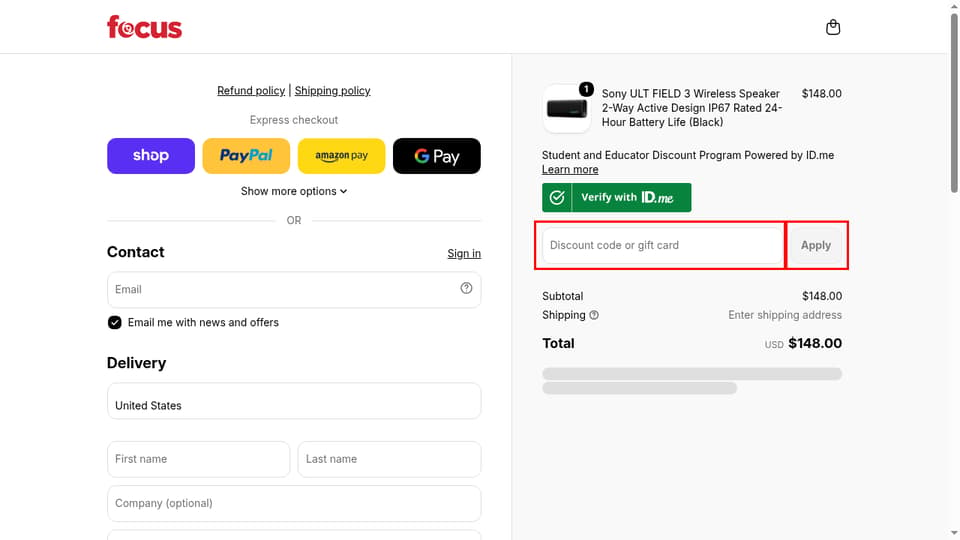 Focus Camera checkout page showing the Discount code or gift card field and Apply button