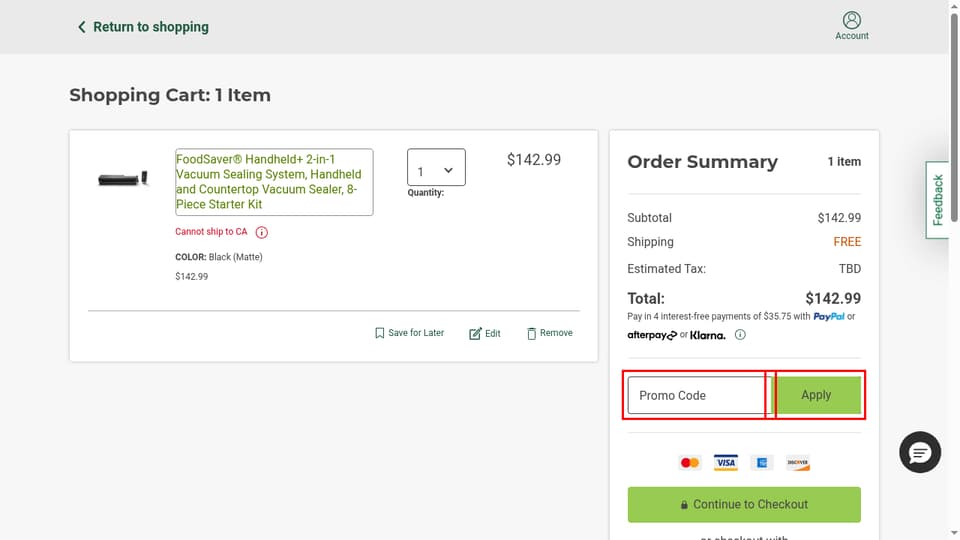 FoodSaver checkout page showing the Promo Code field and Apply button