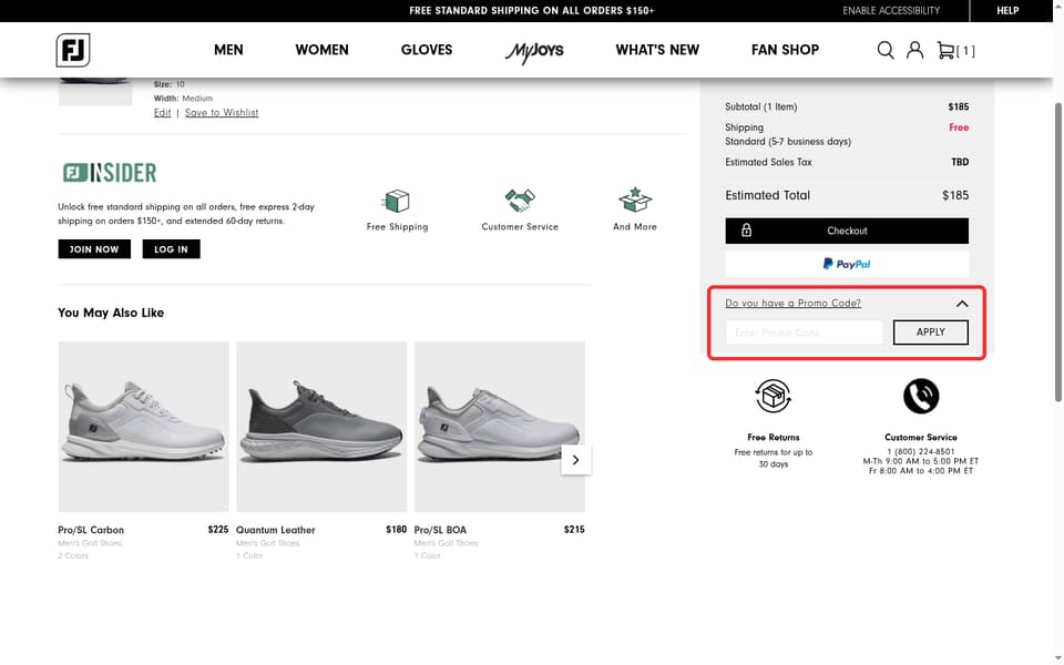 FootJoy checkout page showing the Enter Promo Code field and Apply button