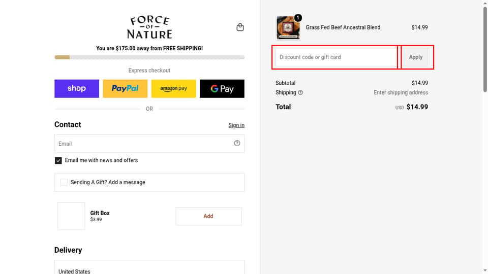 Force of Nature Meats checkout page showing the Discount code or gift card field and Apply button