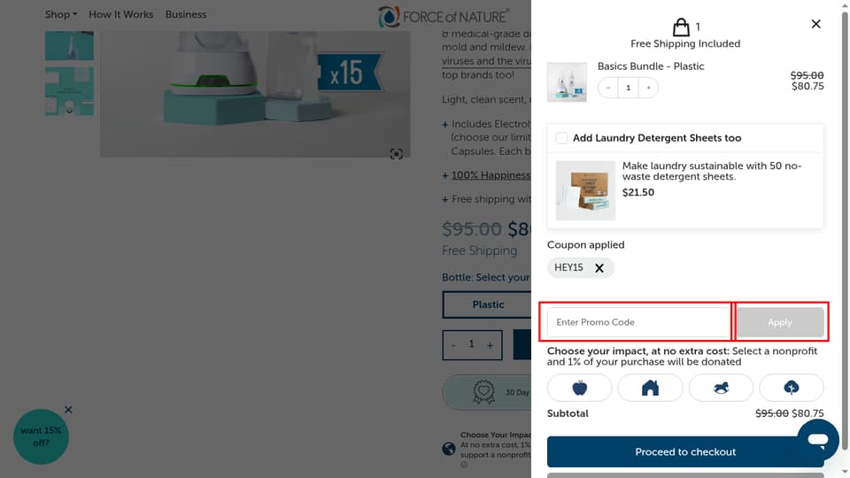Force of Nature checkout page showing the Enter Promo Code field and Apply button