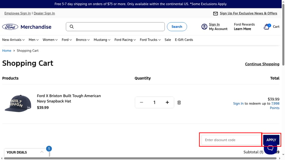 Ford checkout page showing the Enter discount code field and APPLY button