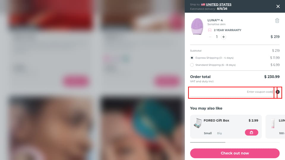 Foreo checkout page showing the Enter coupon code field and + button