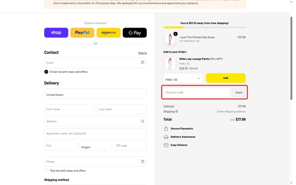 Forever 21 checkout page showing the Discount code field and Apply button